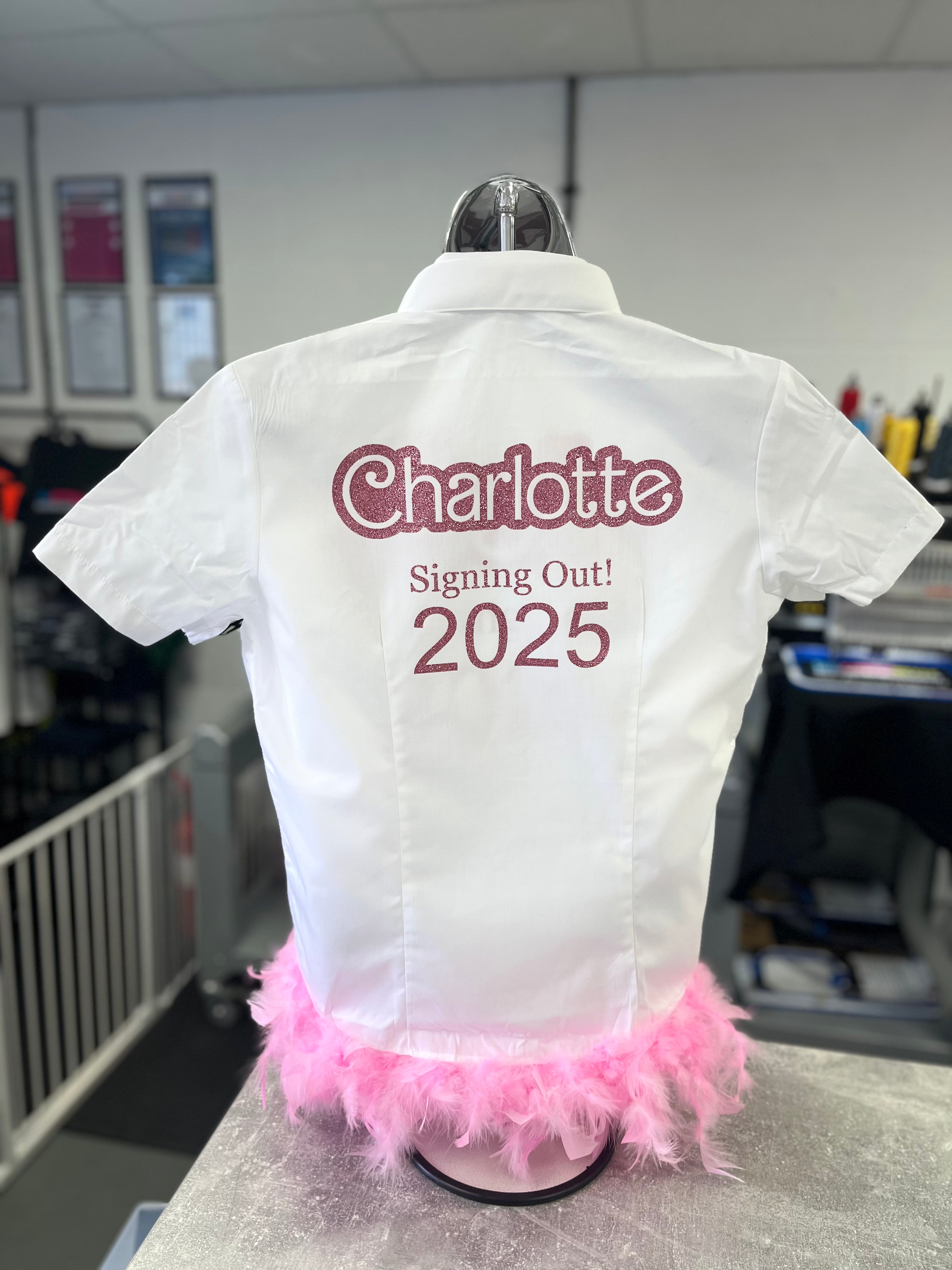 Barbie-inspired school leavers shirt with bold pink design and playful aesthetic, perfect for standout year-end celebrations.