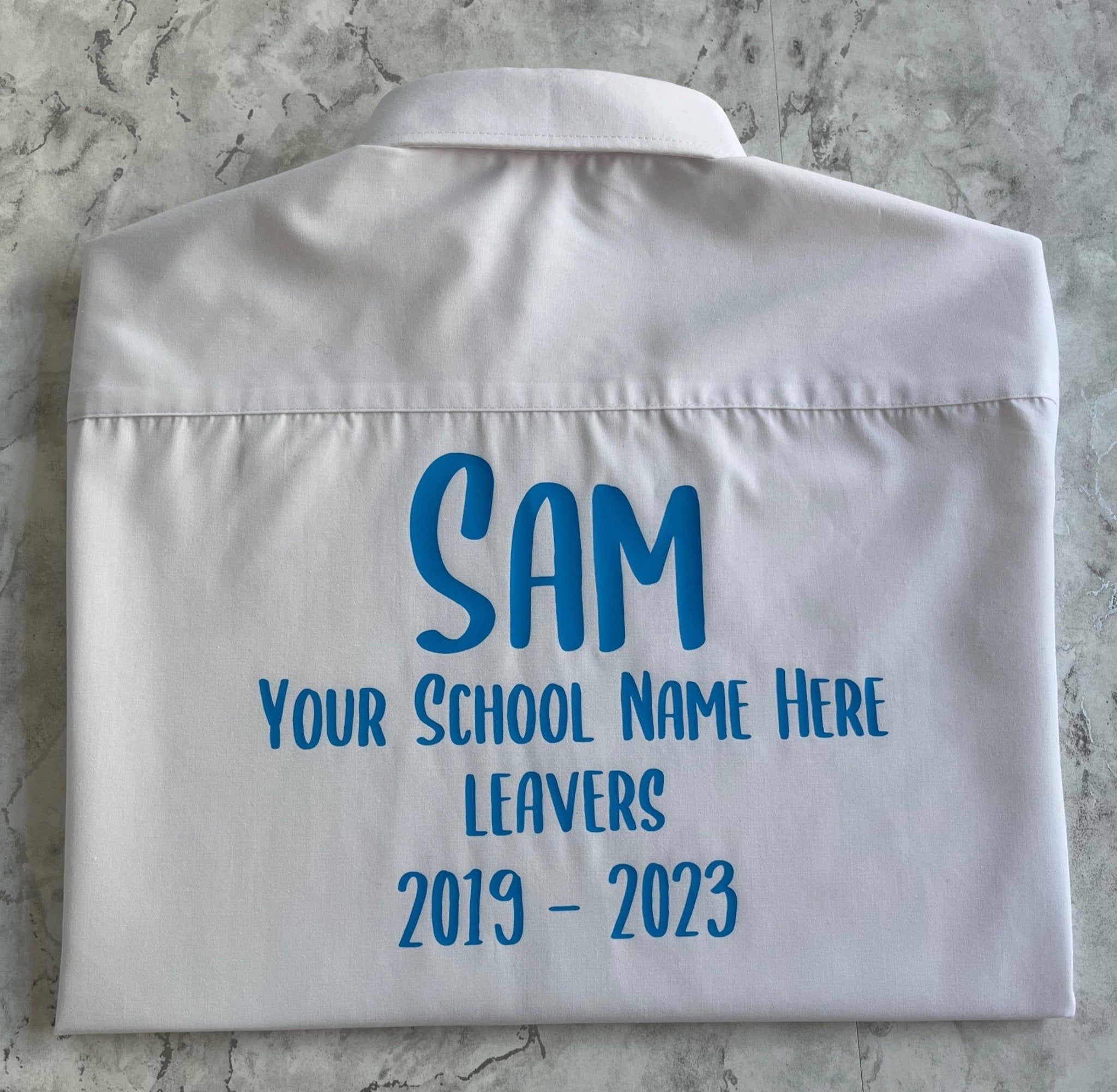 Blue HTV Personalised School Leavers Shirt - Ink Stitch Press