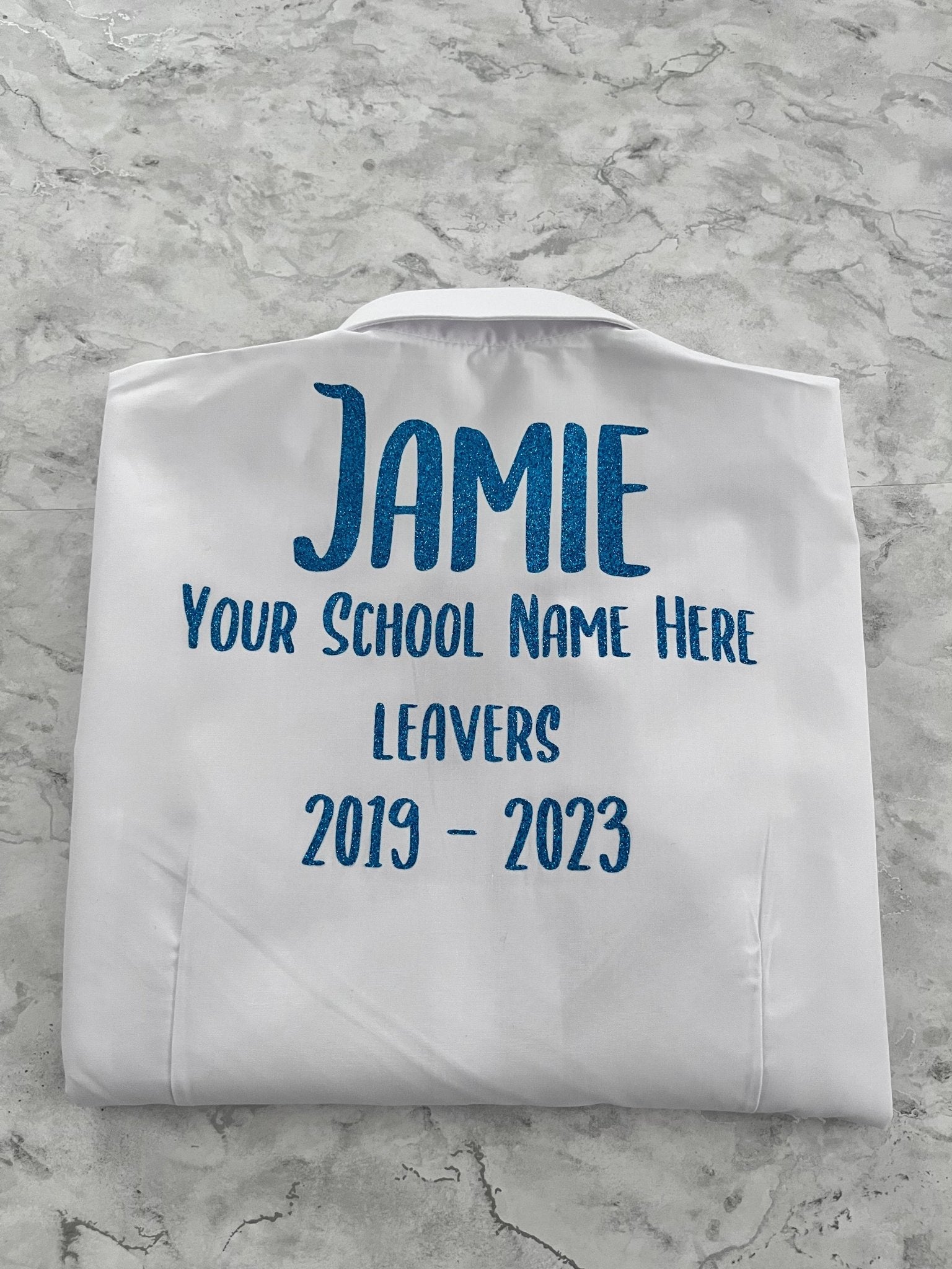 Blue HTV Personalised School Leavers Shirt - Ink Stitch Press