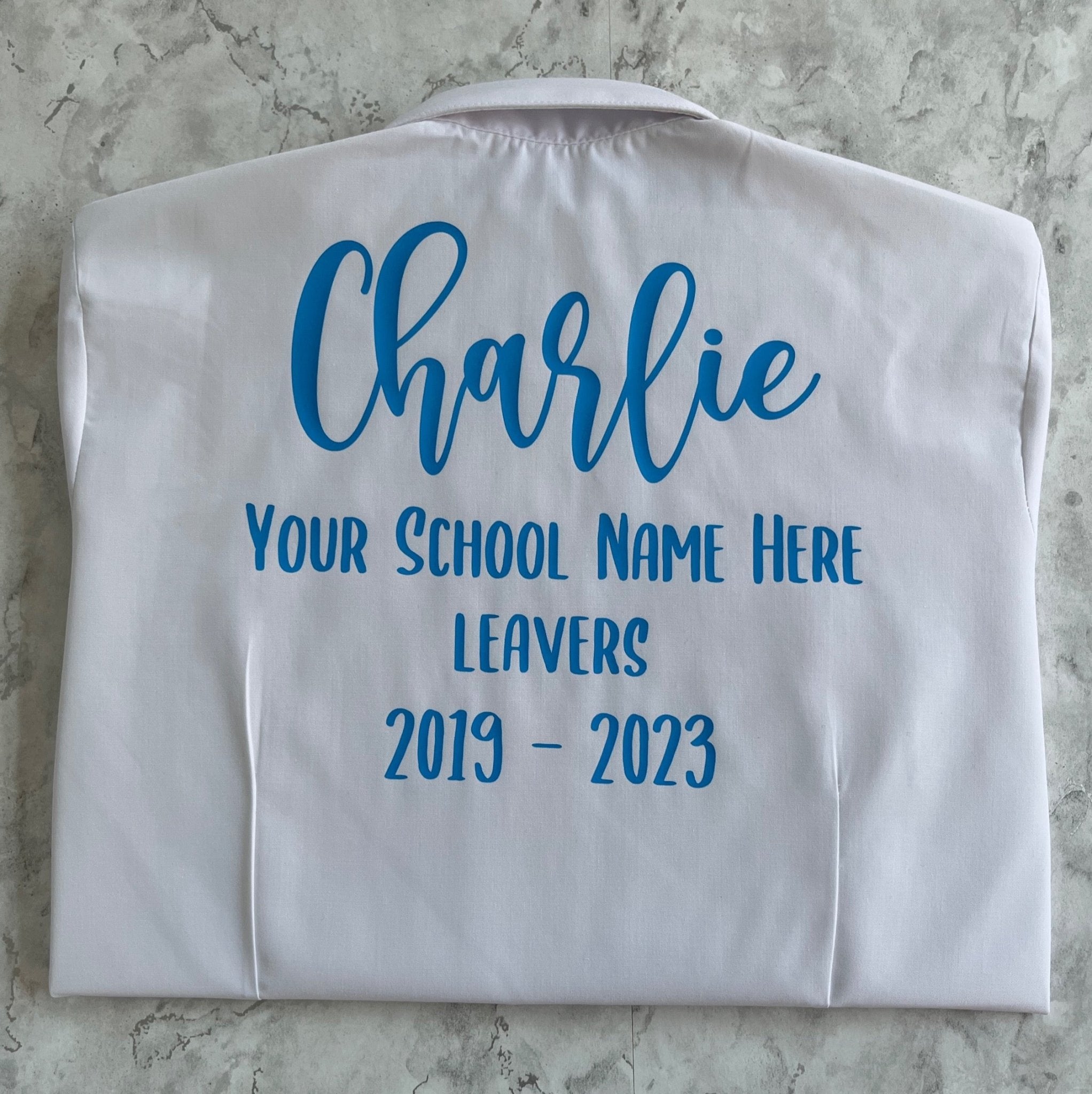 Blue HTV Personalised School Leavers Shirt - Ink Stitch Press