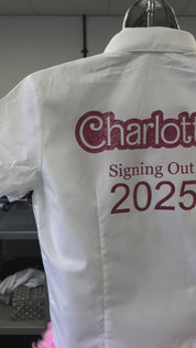 Barbie-inspired school leavers shirt with bold pink design and playful aesthetic, perfect for standout year-end celebrations.