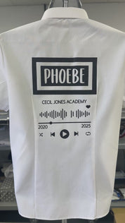 Personalised Friends Inspired white school leavers shirt, displayed on a mannequin in an embroidery workshop.