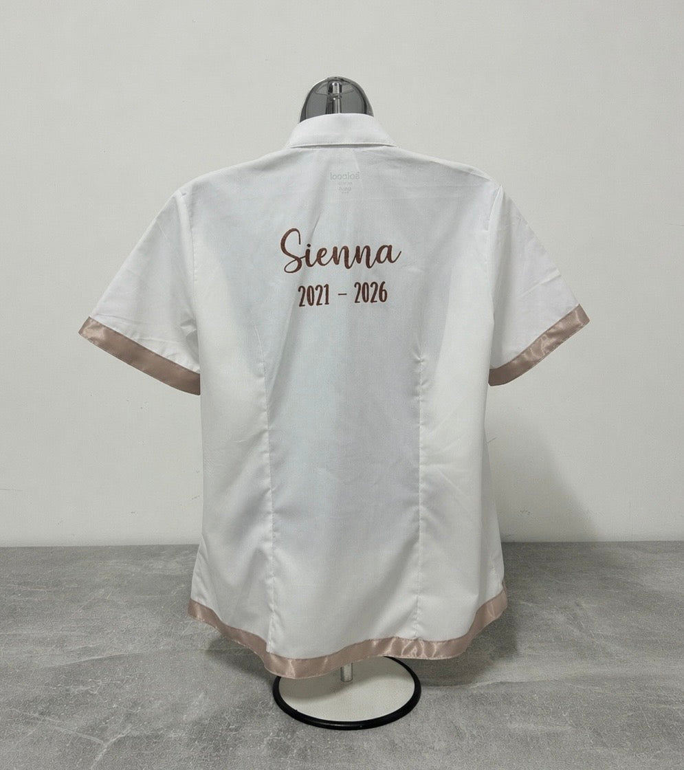 Taupe Satin Ribbon Trim & Bows Personalised School Leavers Shirt