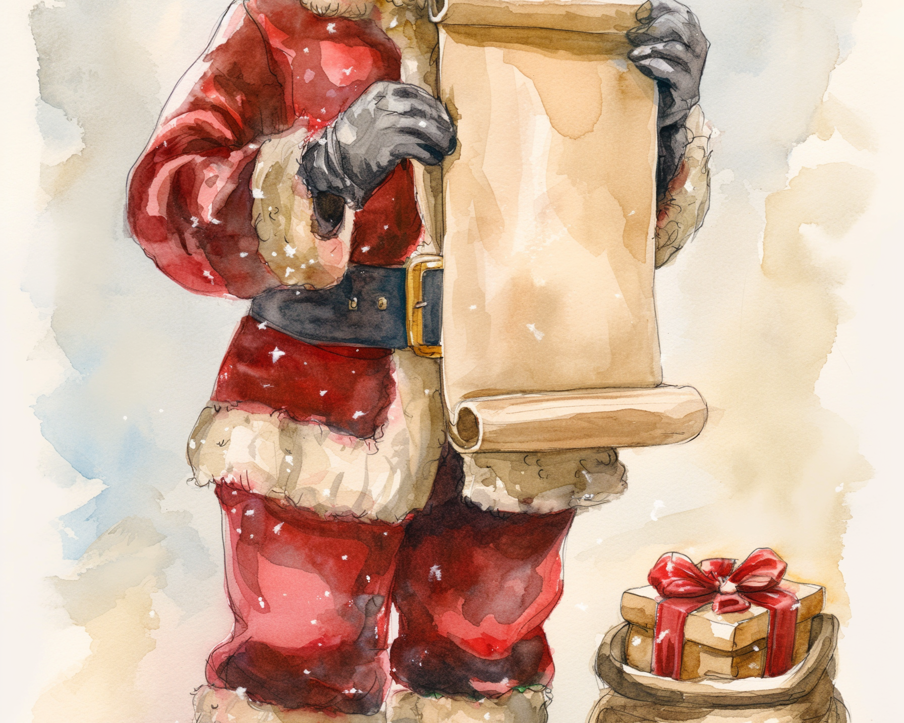 Illustration of Santa Claus holding a scroll with presents nearby