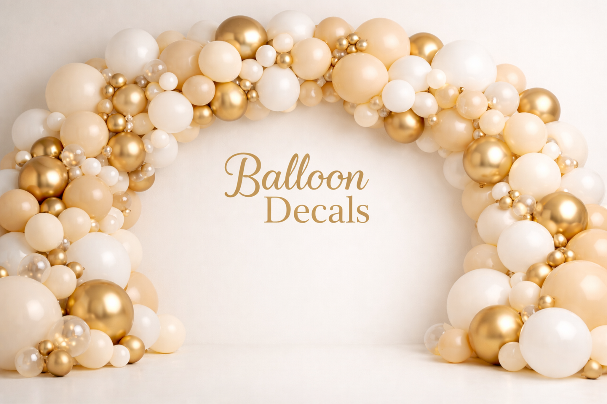 Balloon arch made of gold and white balloons with 'Balloon Decals' text.