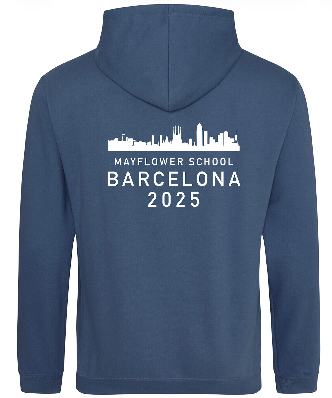 Navy blue hoodie with 'Mayflower School Barcelona 2025' text and cityscape design on the back.