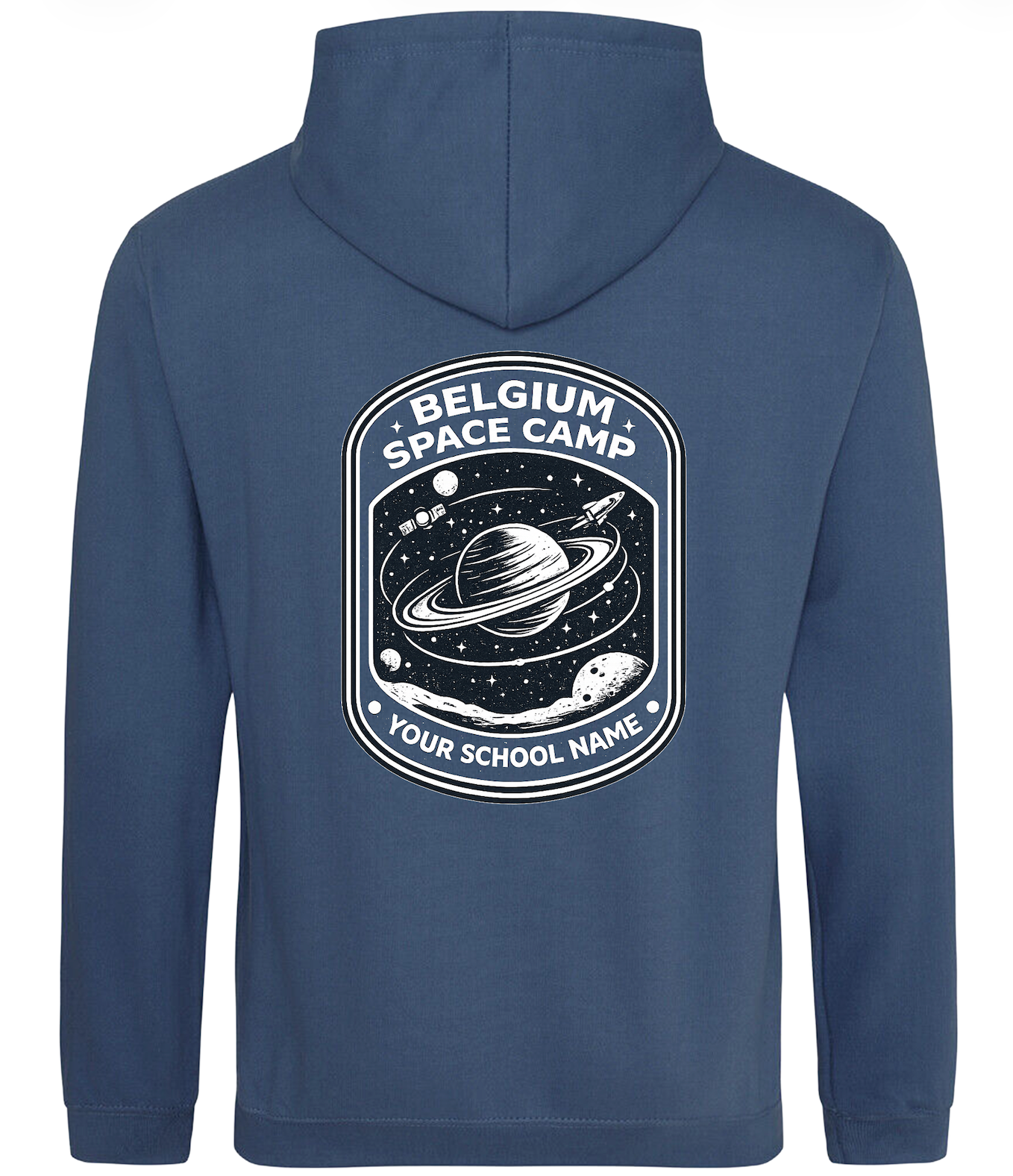 Blue hoodie with 'Belgium Space Camp' design on the back against a white background