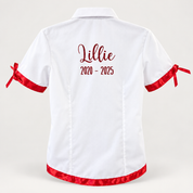Red Satin Ribbon Trim & Bows Personalised School Leavers Shirt