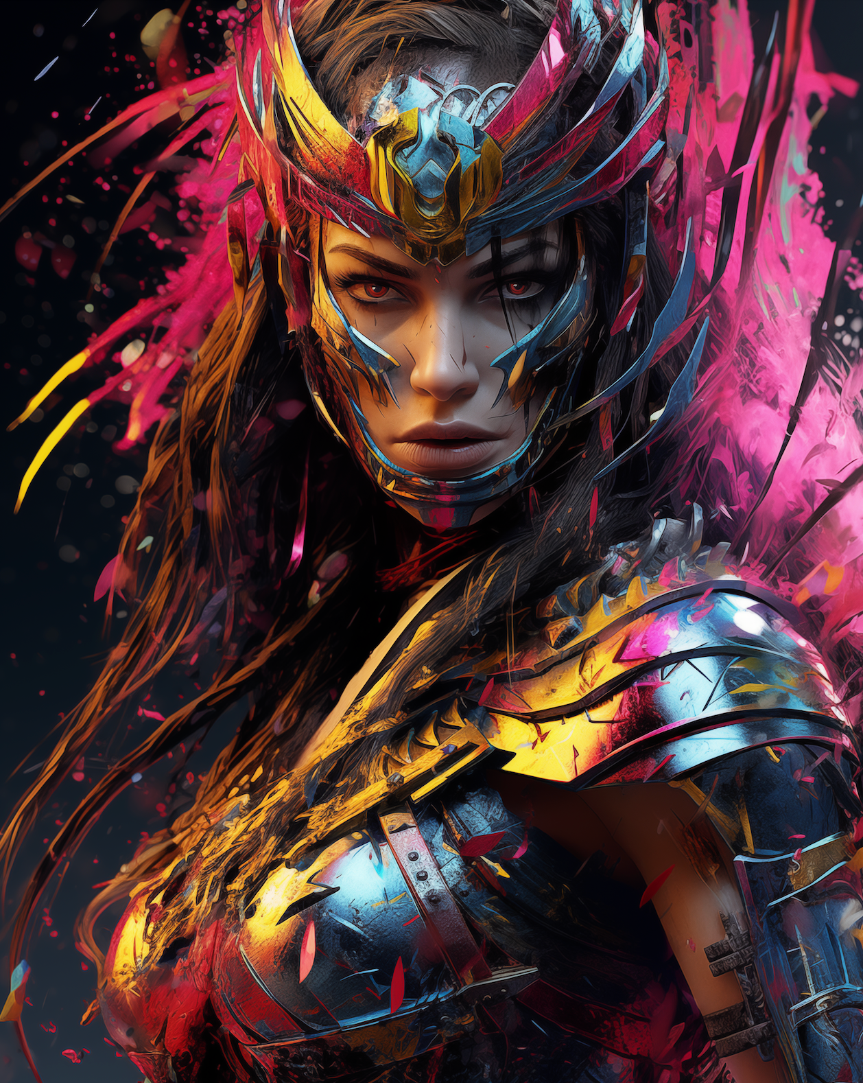Artistic depiction of a warrior character with armor and colorful hair against a dark background