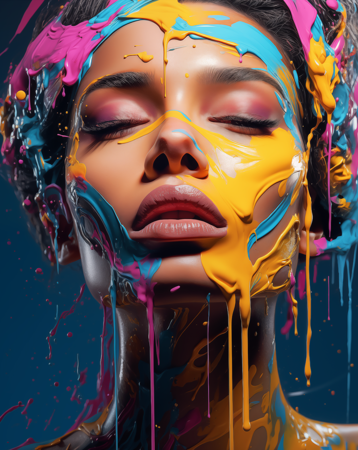 Artistic depiction of a person with colorful paint on their face against a dark background