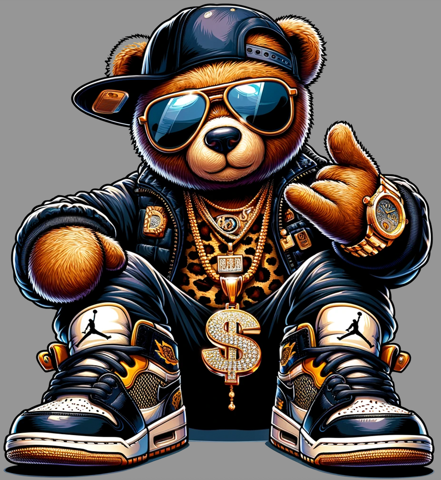 Teddy bear wearing sunglasses, a cap, and jewelry with sneakers on a gray background