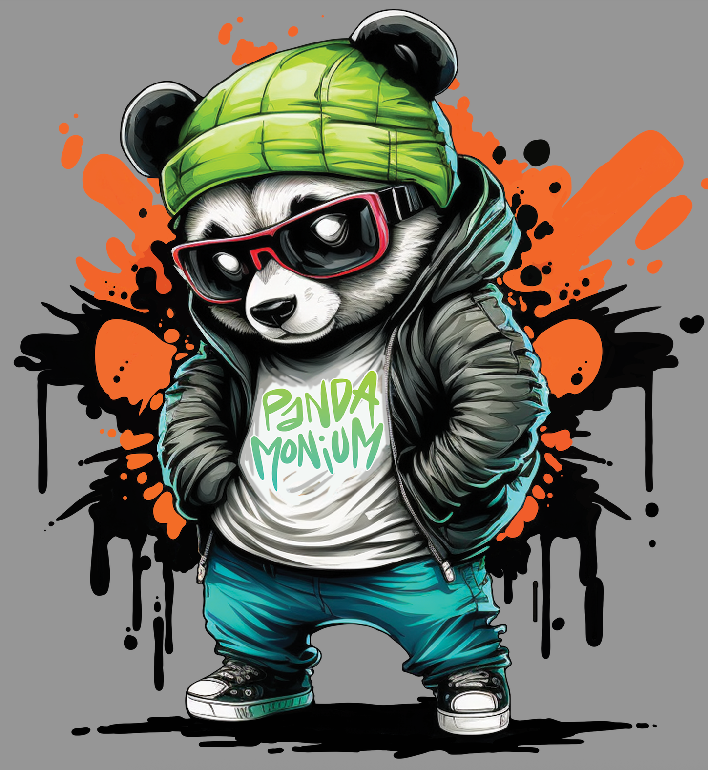 Panda bear wearing a green beanie, sunglasses, and a jacket with colorful abstract background