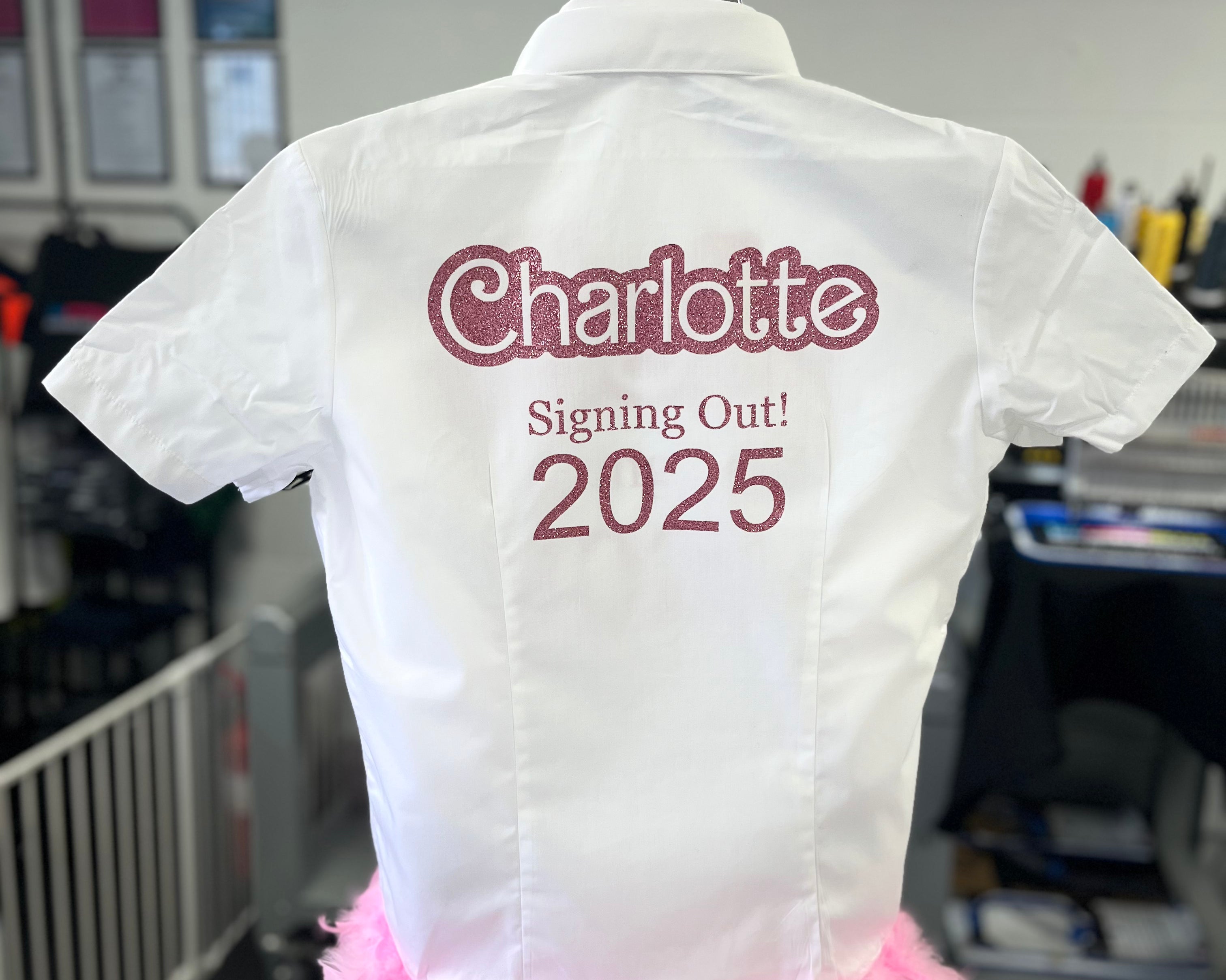 Barbie-inspired school leavers shirt with bold pink design and playful aesthetic, perfect for standout year-end celebrations.