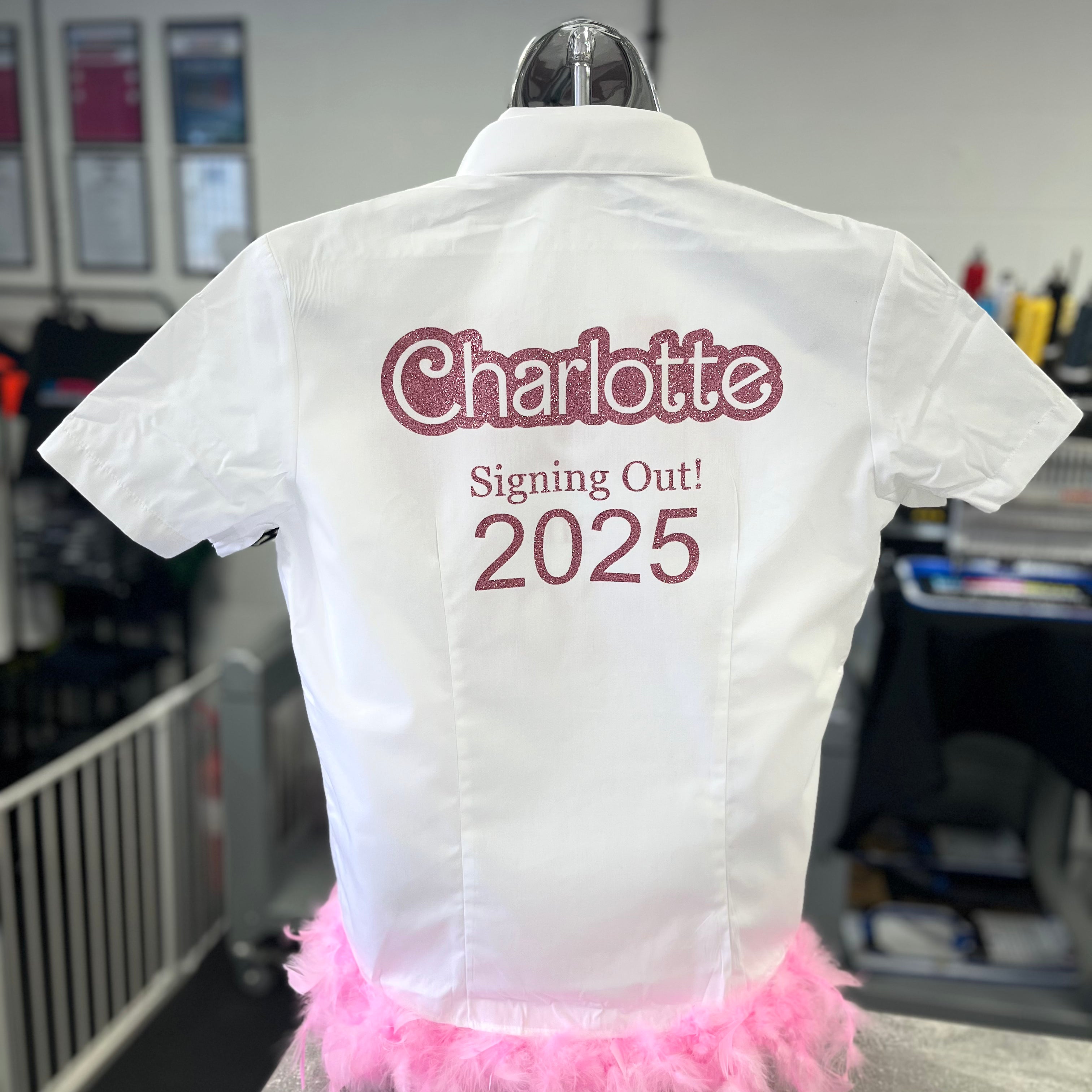 Barbie-inspired school leavers shirt with bold pink design and playful aesthetic, perfect for standout year-end celebrations.