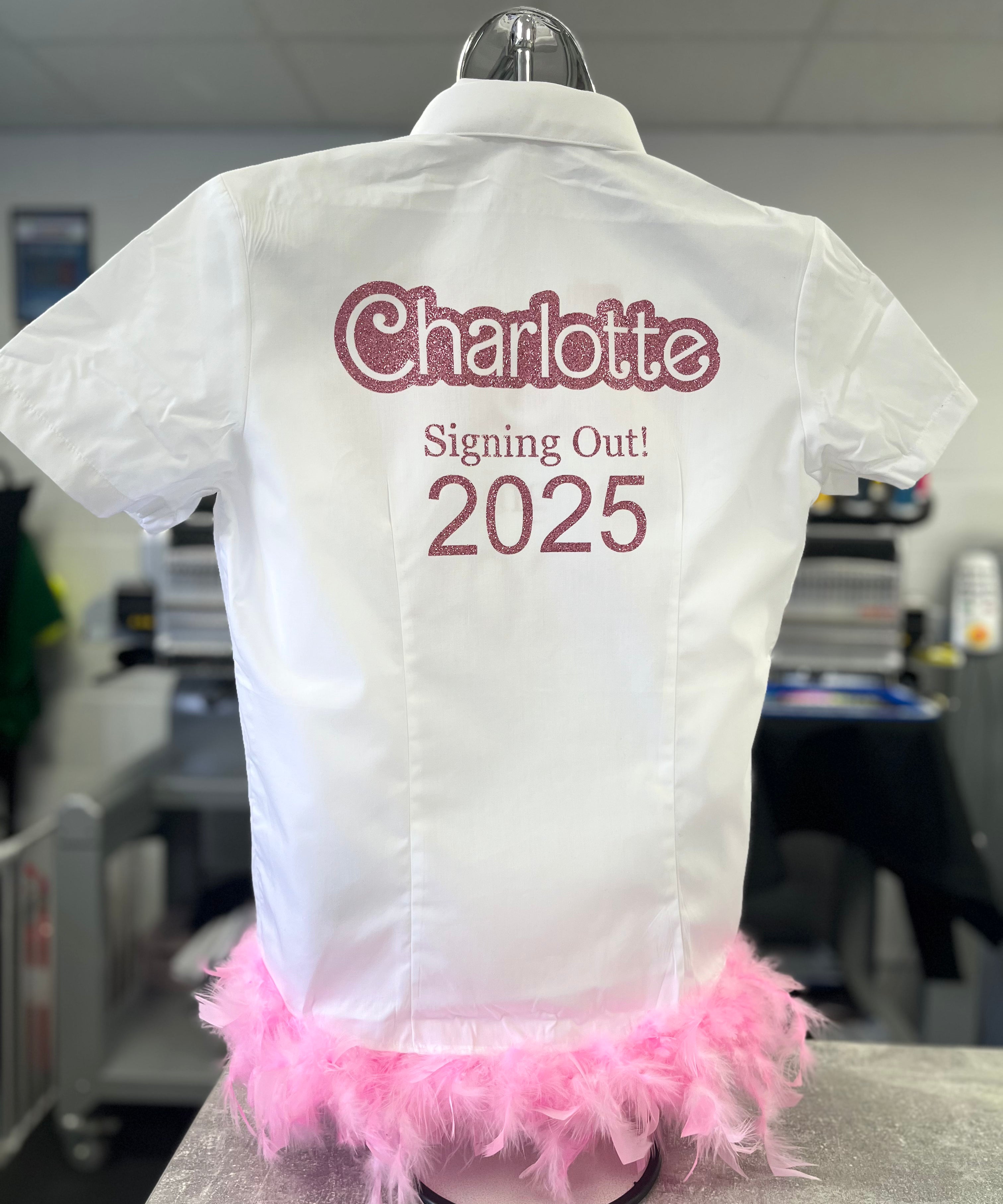 Barbie-inspired school leavers shirt with bold pink design and playful aesthetic, perfect for standout year-end celebrations.