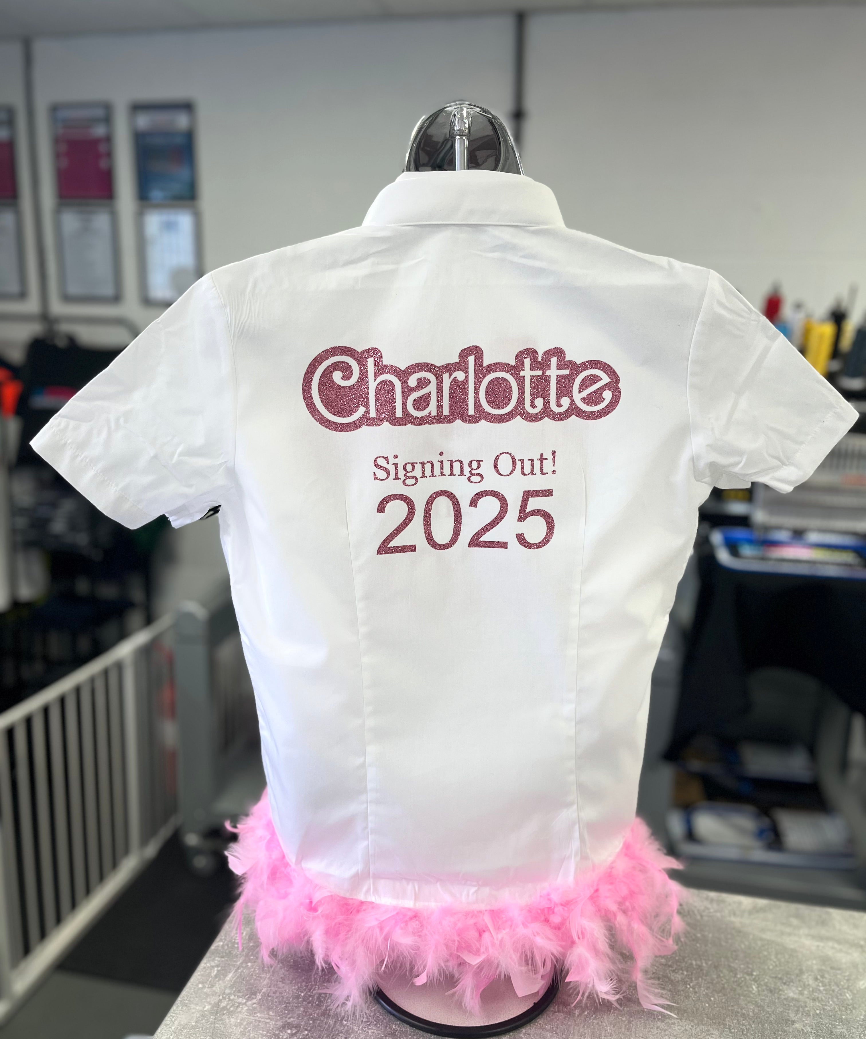 Barbie-inspired school leavers shirt with bold pink design and playful aesthetic, perfect for standout year-end celebrations.