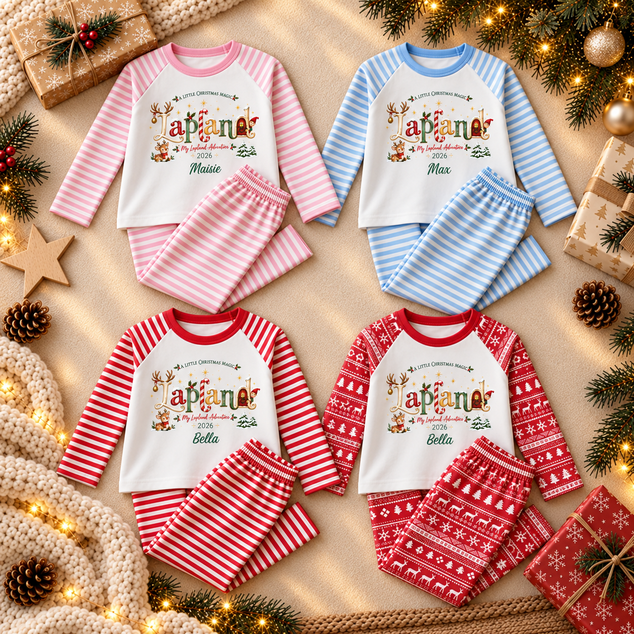 Four_festive_personalized_Lapland_pyjama_sets.png