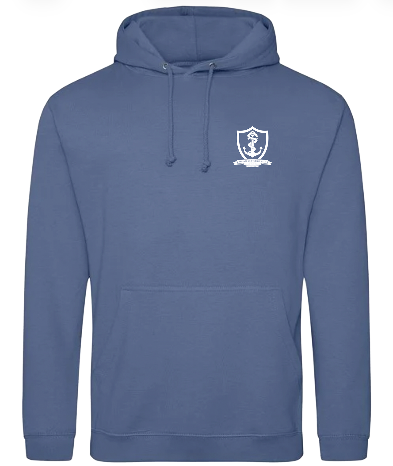 Blue hoodie with a white school crest logo on a white background