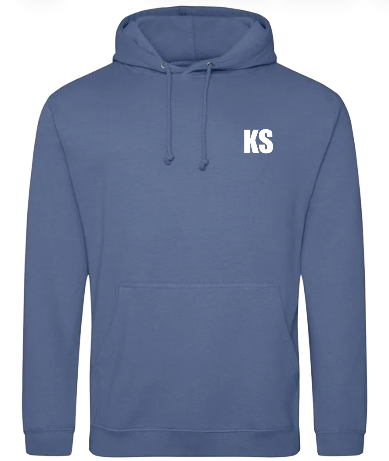 Blue hoodie with initials logo on a white background