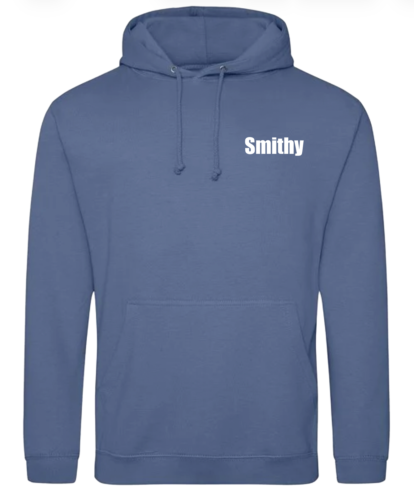 Blue hoodie with nickname printed on it against a white background