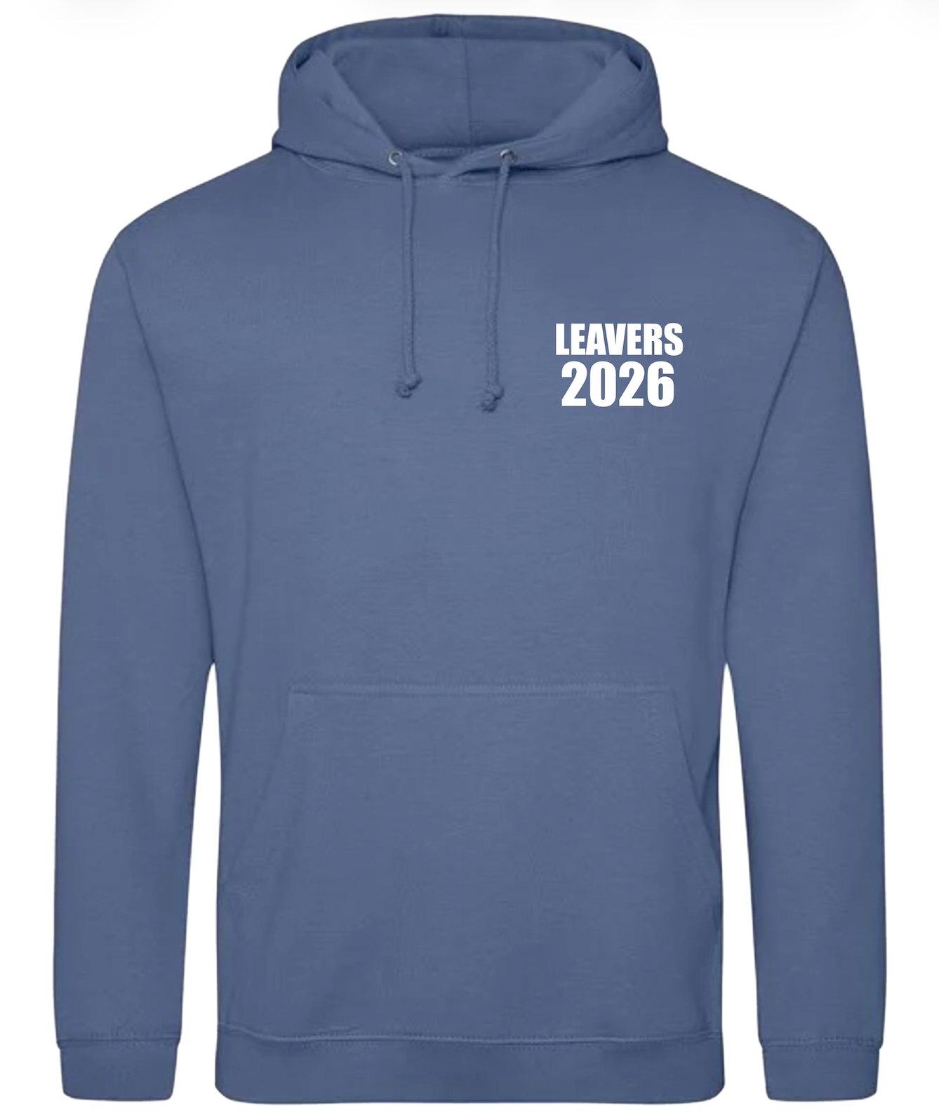 Blue hoodie with 'Leavers 2026' text on a white background
