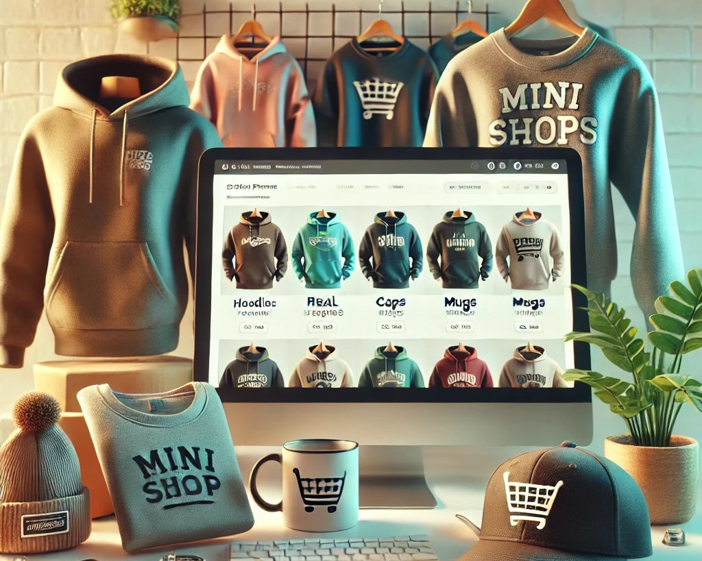 Cover image for Mini Shops by Ink Stitch Press, featuring a vibrant display of custom merchandise such as hoodies and hats alongside a computer screen showing an online shop interface, highlighting personalised branding solutions for businesses and organisations.