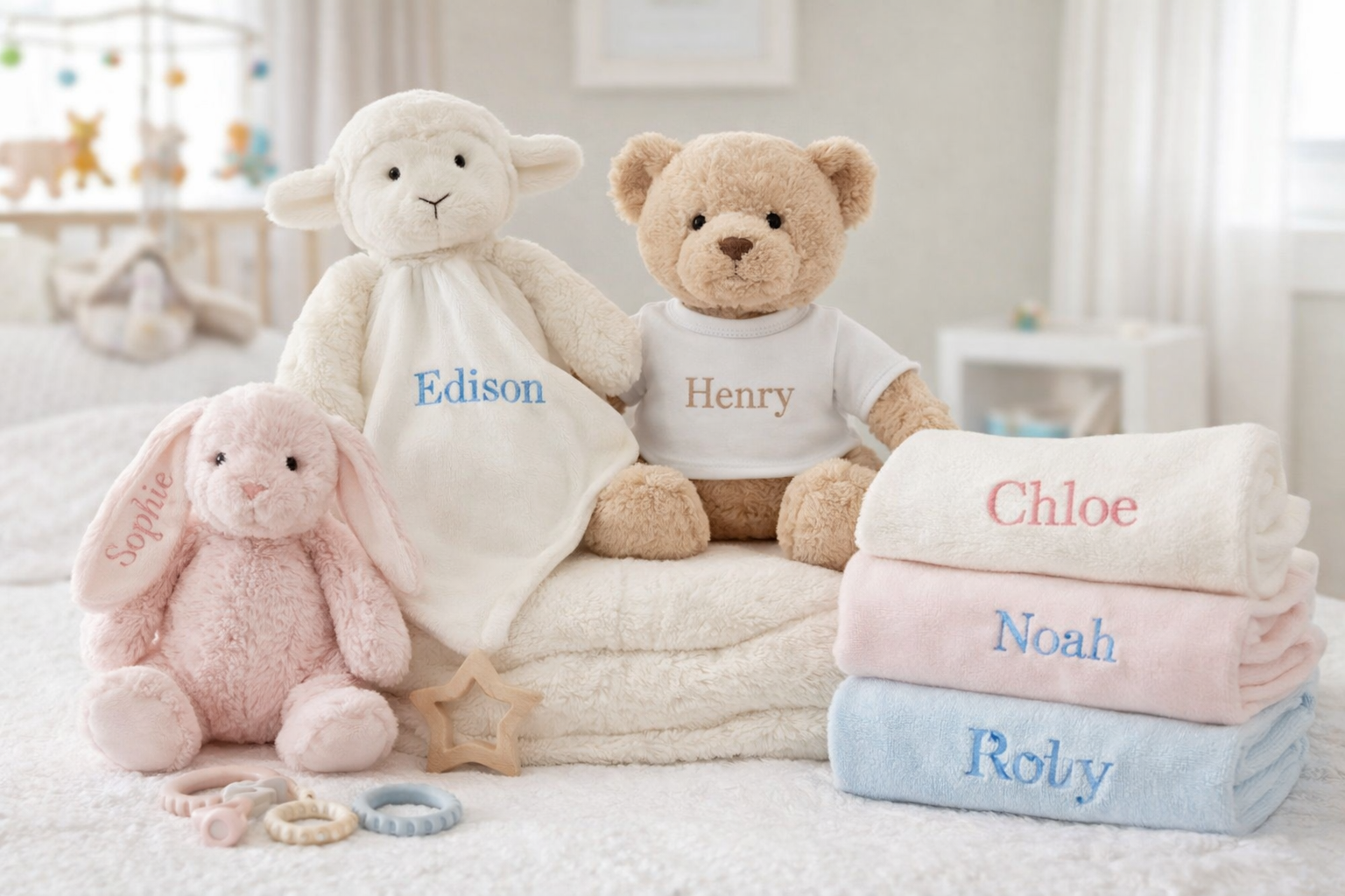 Personalised stuffed animals and towels with names on a white surface in a nursery setting.