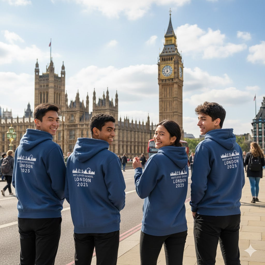 Four people wearing blue hoodies with 'London 2025' text in front of the Big Ben clock tower.