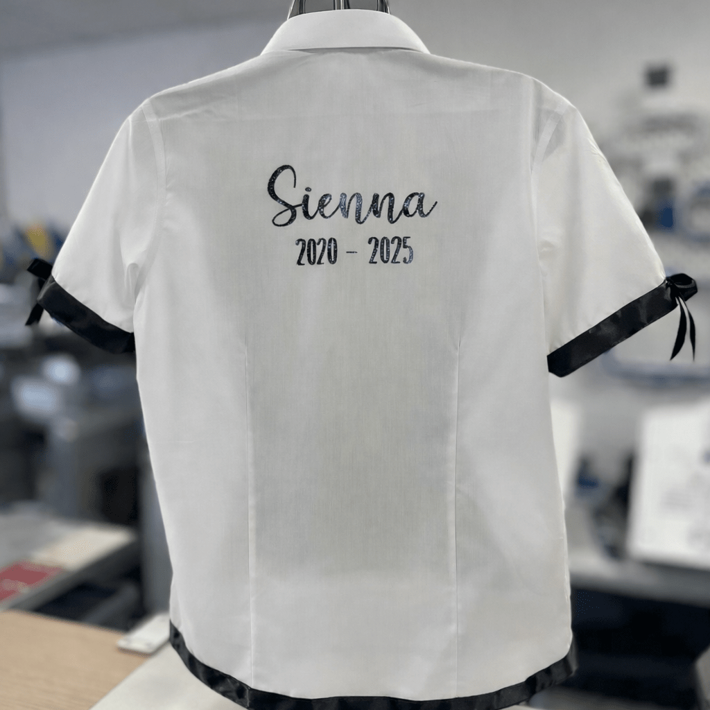 Black Satin Ribbon Trim & Bows Personalised School Leavers Shirt - Ink Stitch Press
