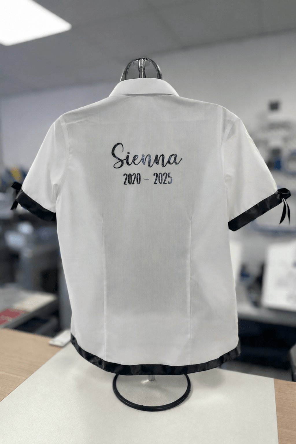 Black Satin Ribbon Trim & Bows Personalised School Leavers Shirt - Ink Stitch Press