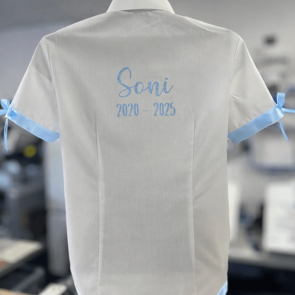 Blue Satin Ribbon Trim & Bows Personalised School Leavers Shirt - Ink Stitch Press