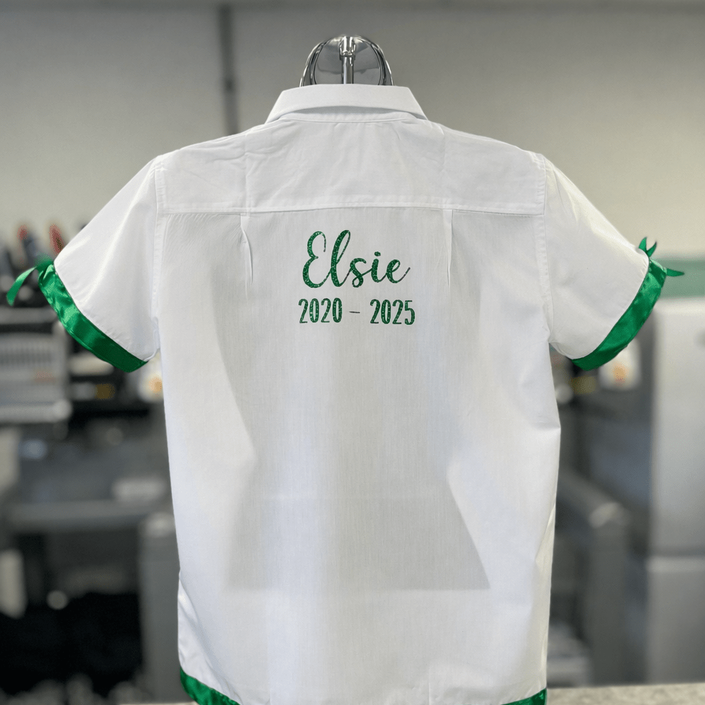 Dark Green Satin Ribbon Trim & Bows Personalised School Leavers Shirt - Ink Stitch Press