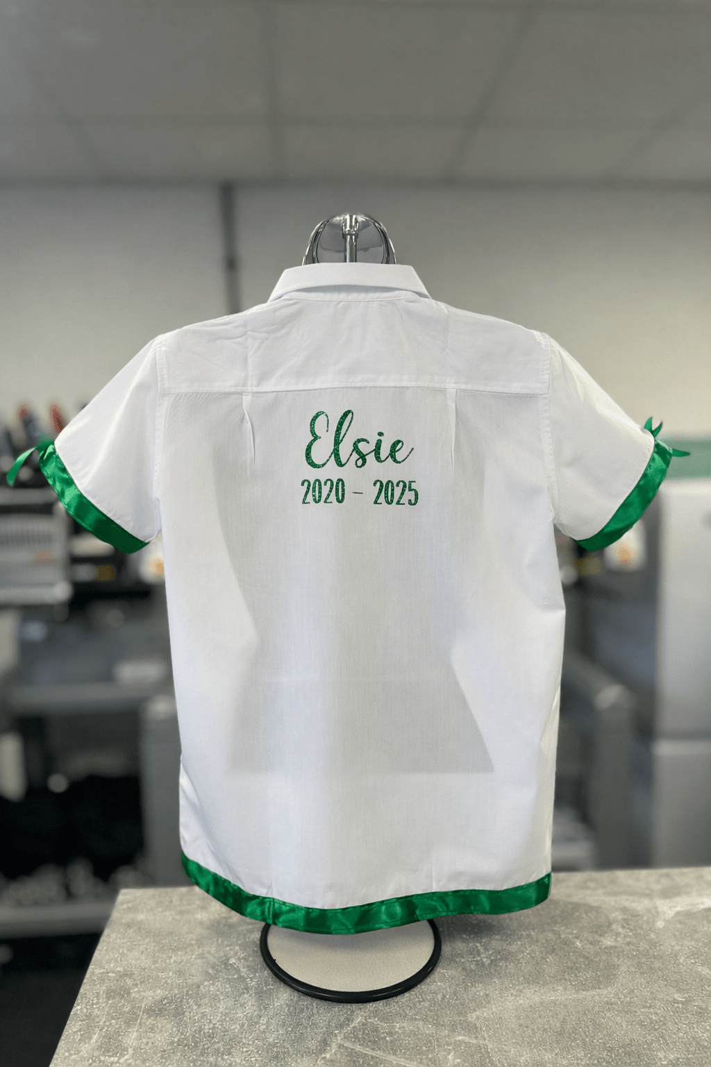 Dark Green Satin Ribbon Trim & Bows Personalised School Leavers Shirt - Ink Stitch Press