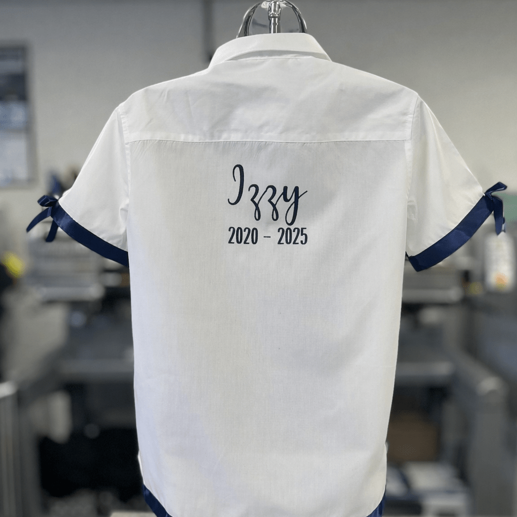 Navy Satin Ribbon Trim & Bows Personalised School Leavers Shirt - Ink Stitch Press