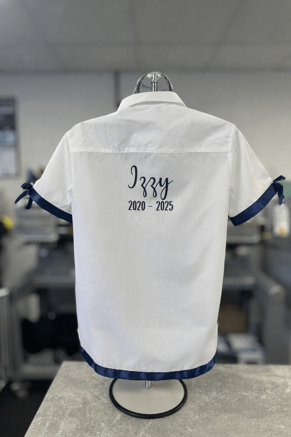 Navy Satin Ribbon Trim & Bows Personalised School Leavers Shirt - Ink Stitch Press