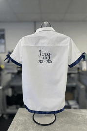 Navy Satin Ribbon Trim & Bows Personalised School Leavers Shirt - Ink Stitch Press