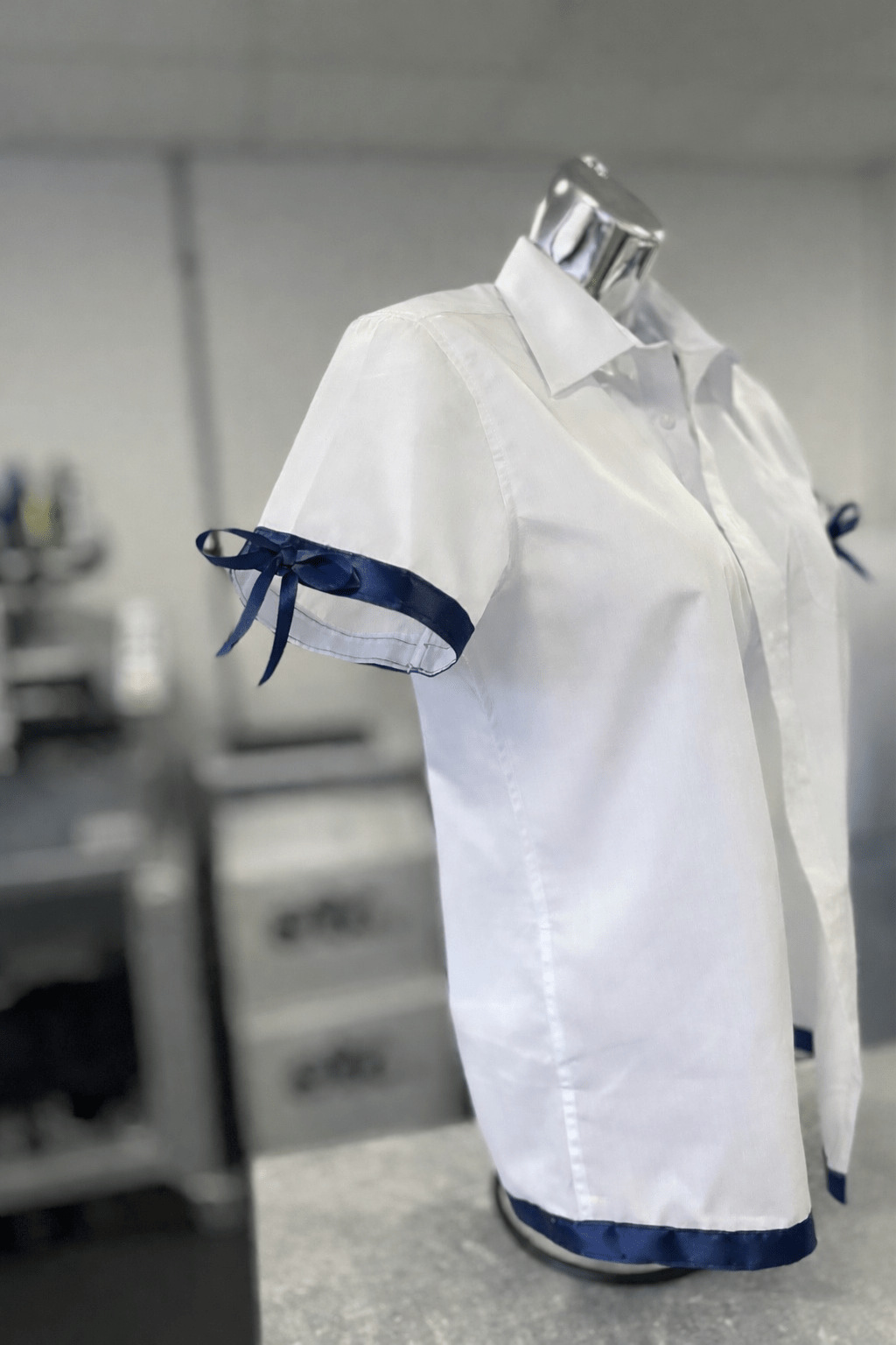 Navy Satin Ribbon Trim & Bows Personalised School Leavers Shirt - Ink Stitch Press