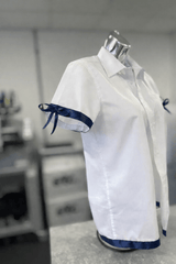 Navy Satin Ribbon Trim & Bows Personalised School Leavers Shirt