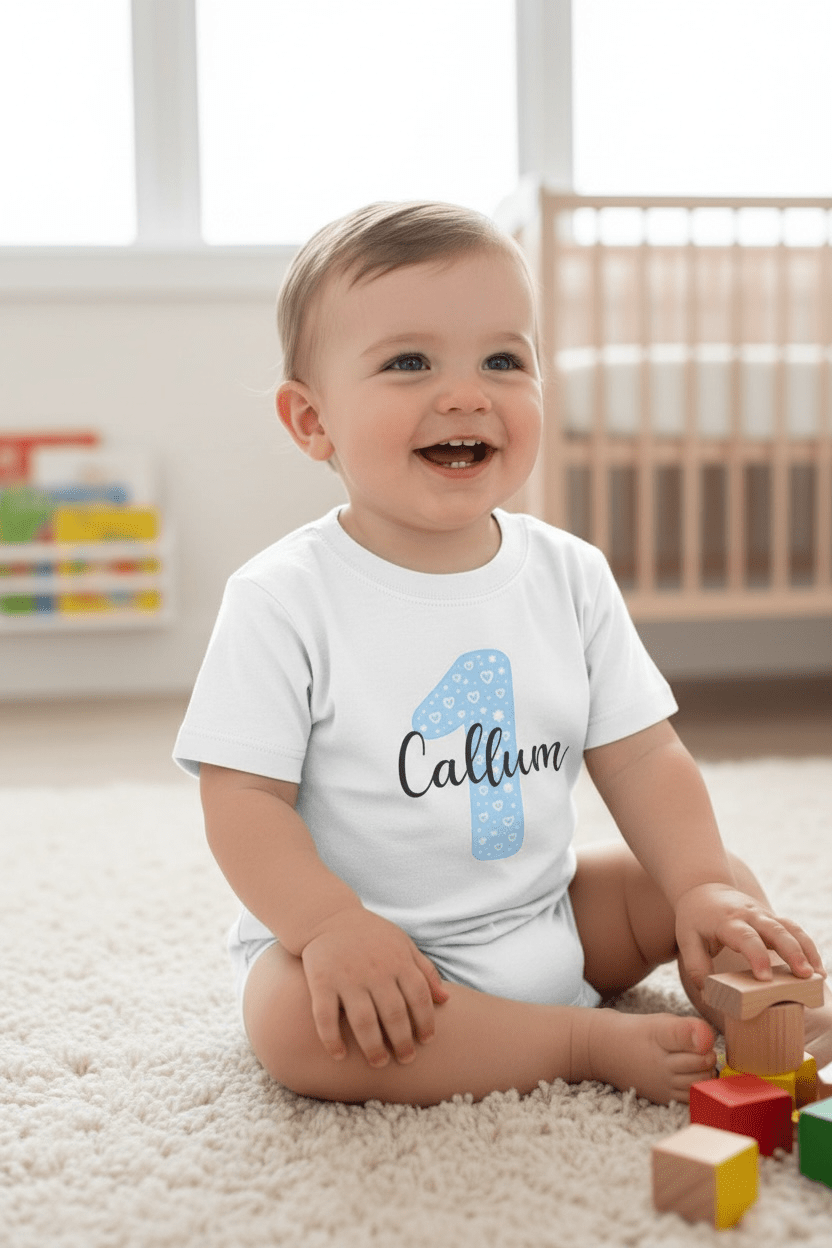 Personalised Blue Number & Name Kids T-Shirt – Custom Birthday Age Tee - Ink Stitch Press