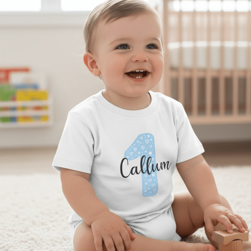 Personalised Blue Number & Name Kids T-Shirt – Custom Birthday Age Tee - Ink Stitch Press