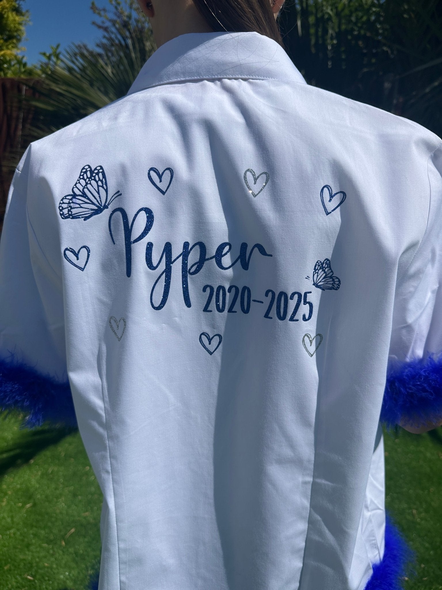 Personalised School Leavers Shirt with Butterflies & Marabou Boa Trim - Ink Stitch Press