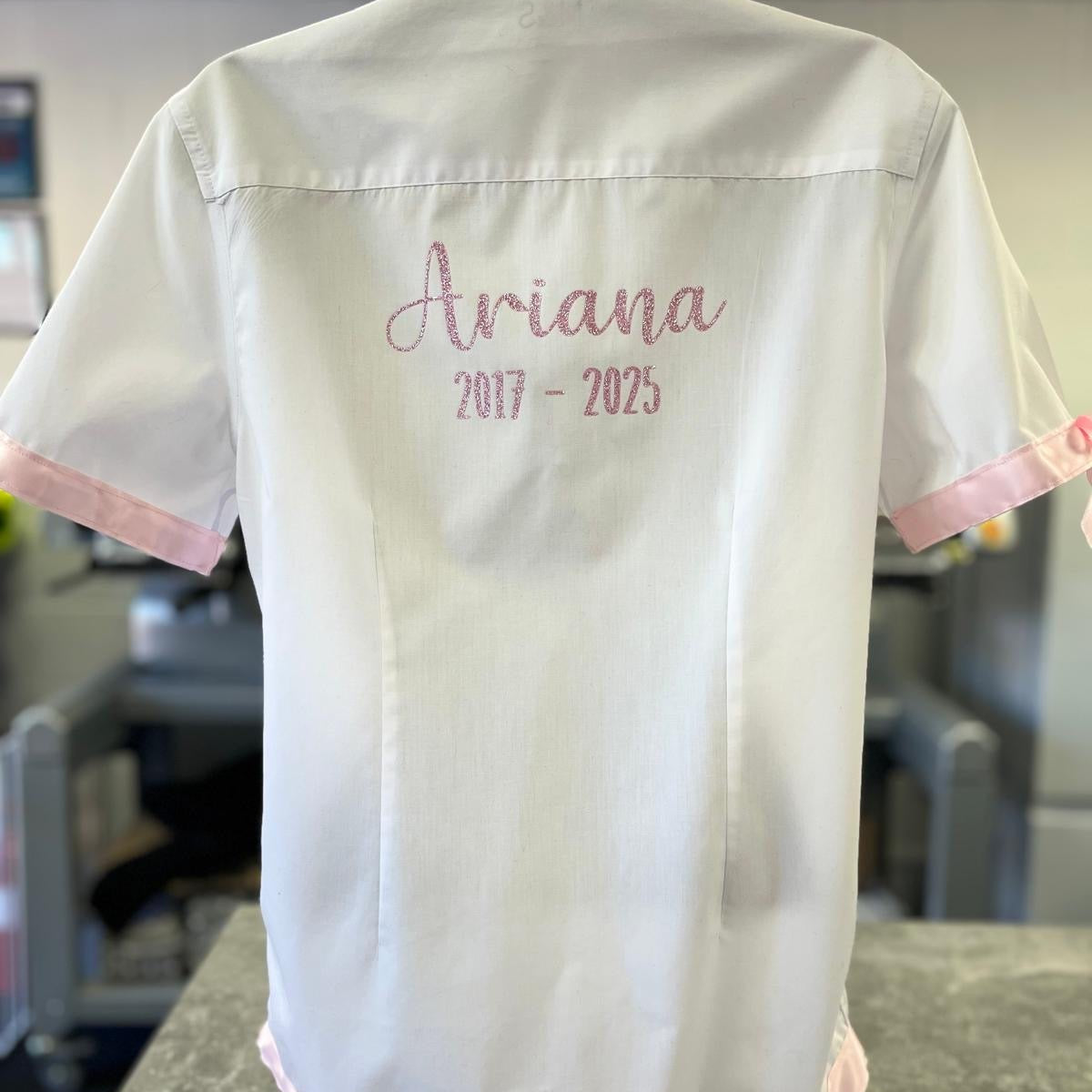 Personalised School Leavers Shirt with Satin Ribbon Trim & Bows - Ink Stitch Press