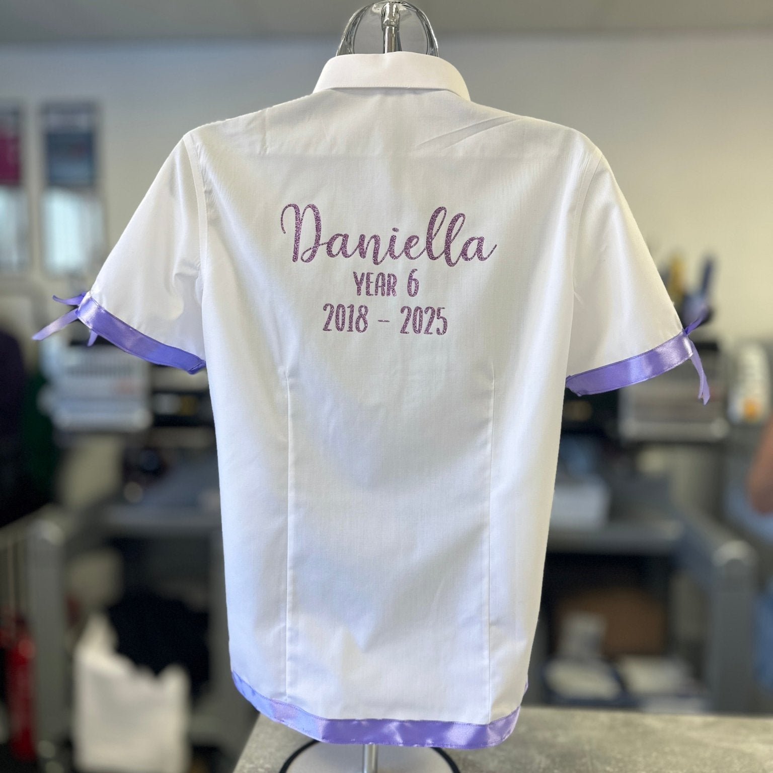 Personalised School Leavers Shirt with Satin Ribbon Trim & Bows - Ink Stitch Press