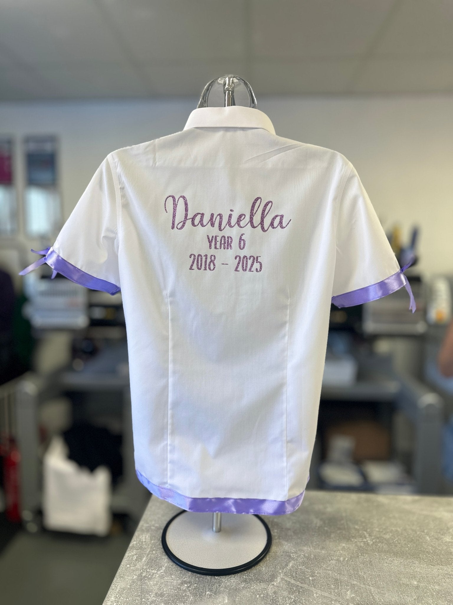 Personalised School Leavers Shirt with Satin Ribbon Trim & Bows - Ink Stitch Press