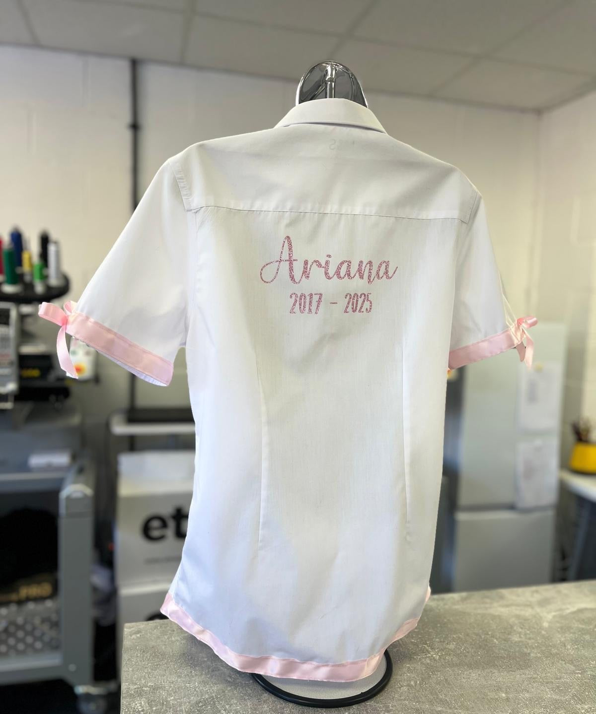 Personalised School Leavers Shirt with Satin Ribbon Trim & Bows - Ink Stitch Press