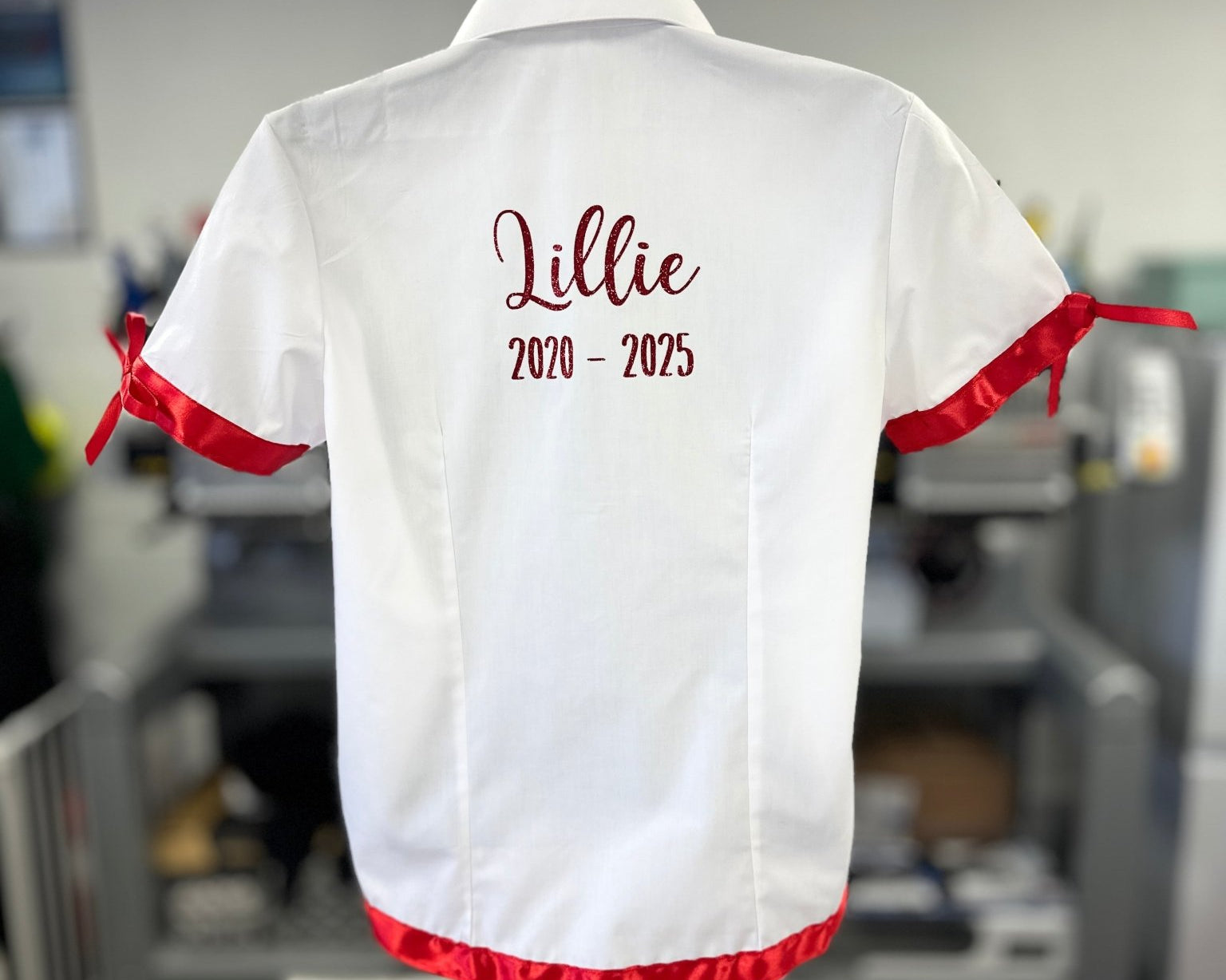 Personalised School Leavers Shirt with Satin Ribbon Trim & Bows - Ink Stitch Press