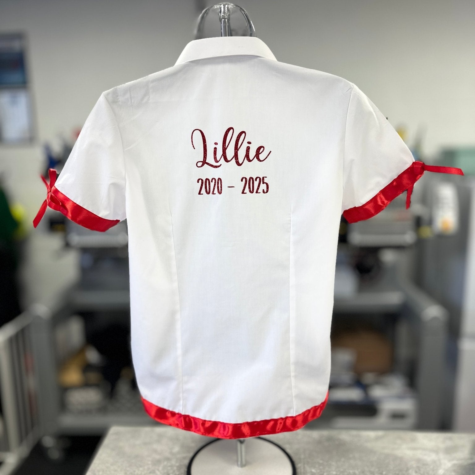 Personalised School Leavers Shirt with Satin Ribbon Trim & Bows - Ink Stitch Press