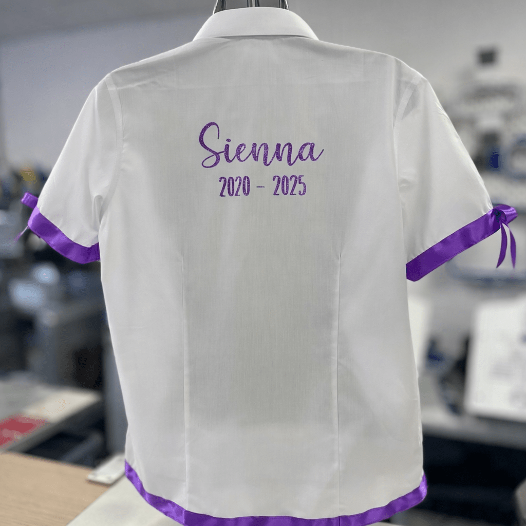 Purple Satin Ribbon Trim & Bows Personalised School Leavers Shirt - Ink Stitch Press