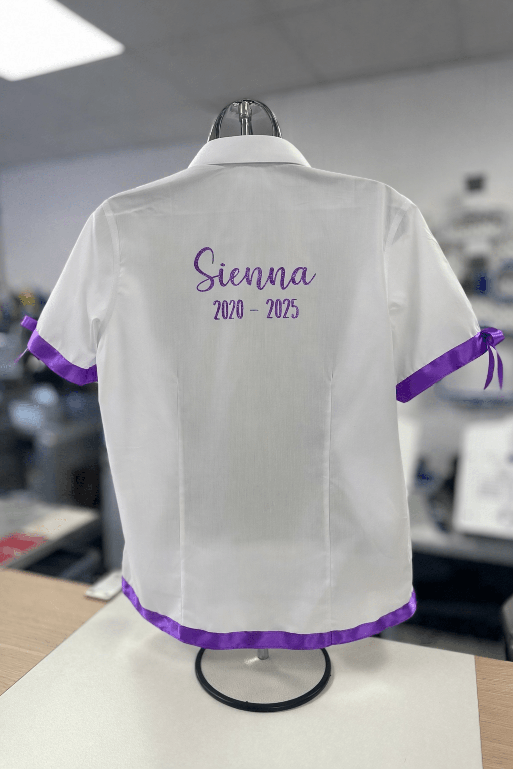 Purple Satin Ribbon Trim & Bows Personalised School Leavers Shirt - Ink Stitch Press