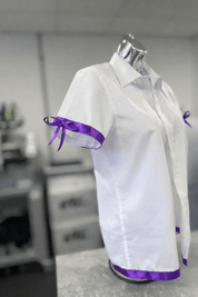 Purple Satin Ribbon Trim & Bows Personalised School Leavers Shirt - Ink Stitch Press